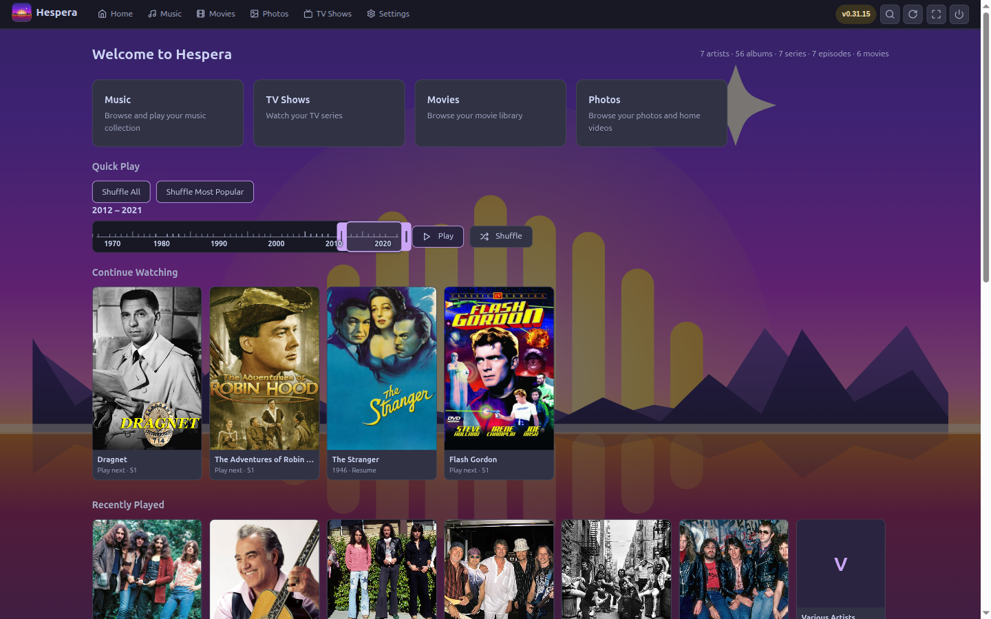 Hespera's home screen: Music, TV Shows, Movies, and Photos cards over a dusk background, with quick-play shuffle, Continue Watching, and Recently Played rows.