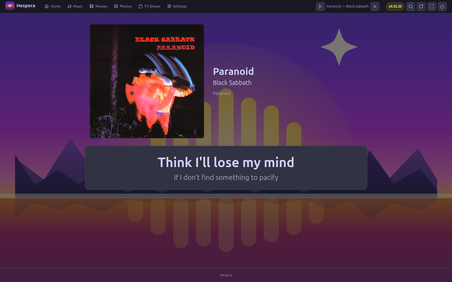 Hespera's now-playing view: colorful psychedelic album artwork over the dusk backdrop, a synced karaoke lyric advancing with the song, player transport below.