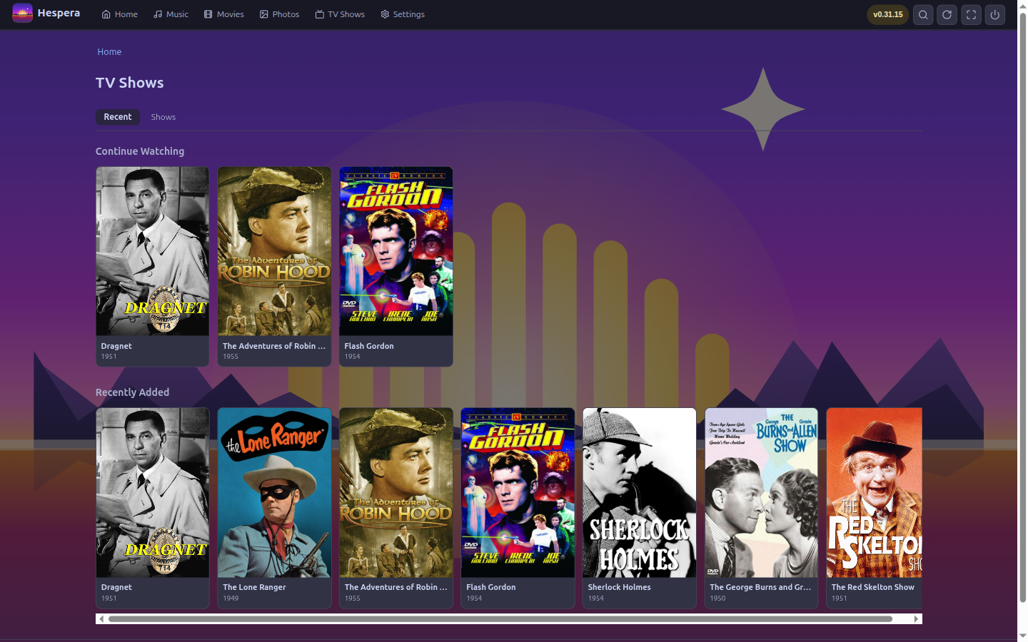 Hespera's TV library: Continue Watching and Recently Added rows of series posters over a dusk backdrop.